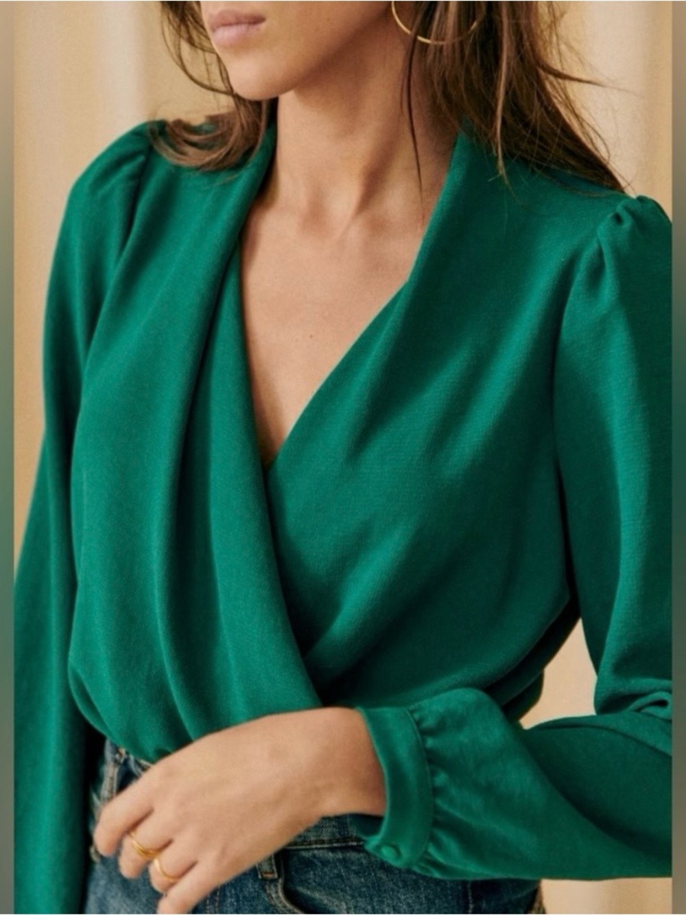 Sezane Abelia Emerald Green Wrap-Style Blouse